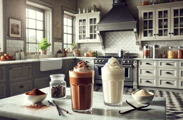 A chocolate shake and a vanilla shake on a kitchen bench beside cocoa powder and vanilla pods