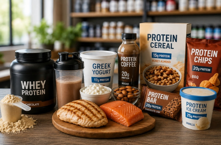 A whey protein tub and shaker beside Greek yoghurt, protein coffee, protein cereal, a protein bar, protein chips, protein ice cream, grilled chicken, salmon and almonds
