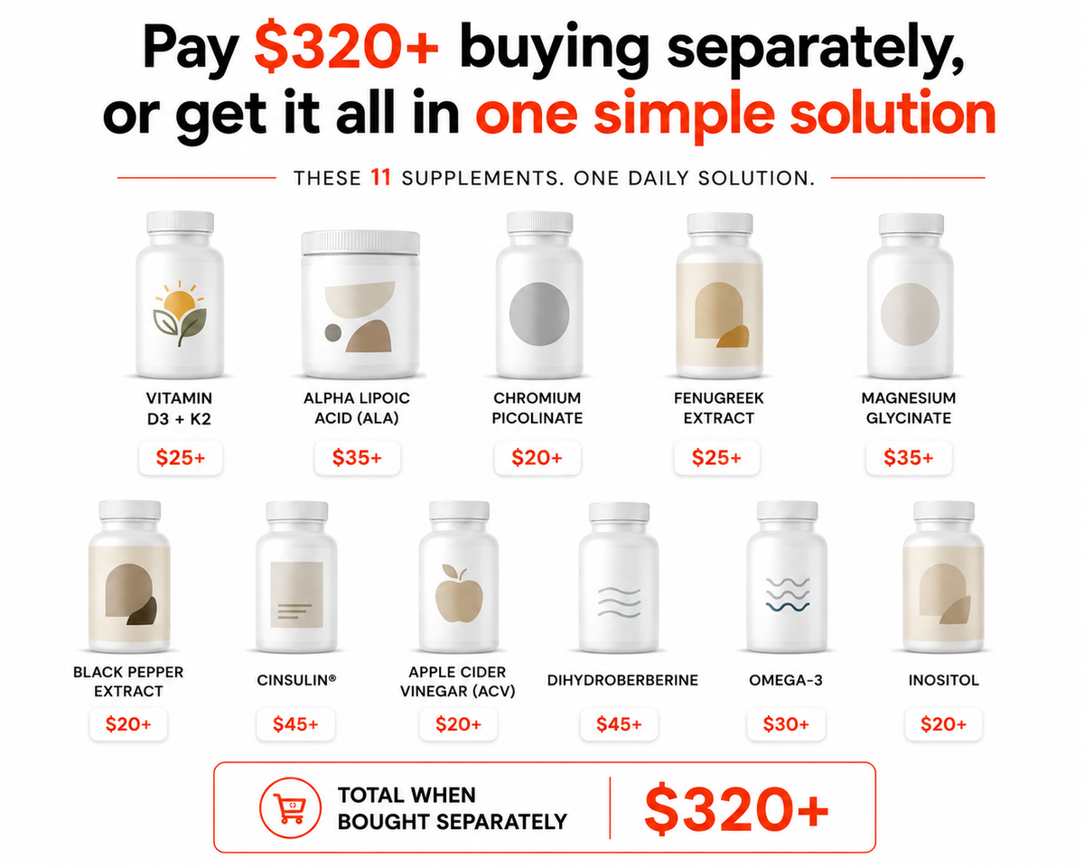 Eleven supplement bottles with their separate prices, $320 or more in total when bought separately